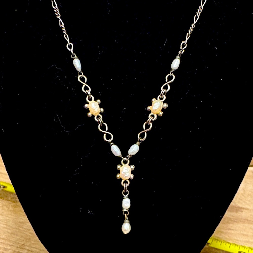 Designer Chameleon vintage real pearl Y drop necklace, silver tone